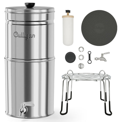 Culligan MaxClear 3 Gallon Gravity Water Filter System, Polished Stainless-Steel Countertop Water Filter NSF/ANSI Certified to Reduce Microplastics, Lead & Total PFAS, with 3 Ceramic Filters