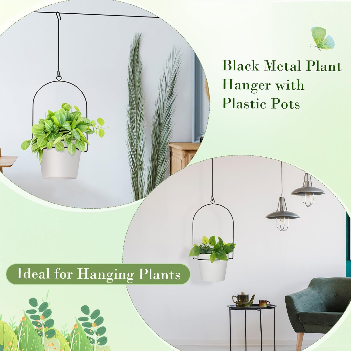 Hushee 6 Packs Metal Hanging Planters for Outdoor Indoor Plants Plant Hanger with 6.3'' Plastic Pots Hanging Planter Basket for Garden Home Porch Decor (White)