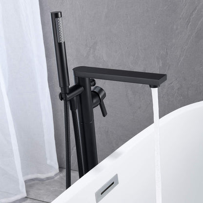 Wowkk Freestanding Bathtub Faucet Tub Filler Black Floor Mount Brass Single Handle Bathroom Faucets with Hand Shower