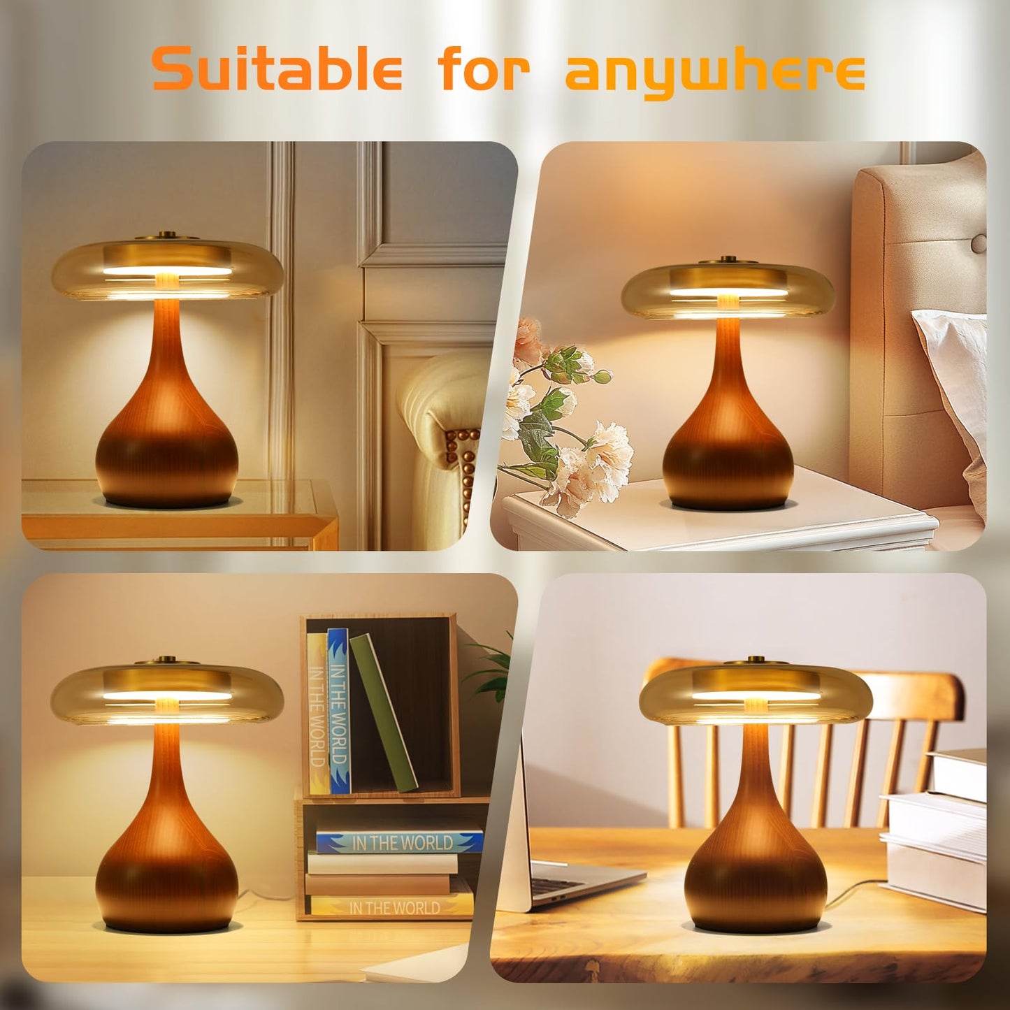 WTHTNROM Small Table Lamp for Bedroom-Wooden Base Teardrop Mushroom Table Lamps,Amber Glass Shade,LED Three Color Temperature Adjustable Brightness Modern LED Side Table and Desk Lighting(H 9.7 in)