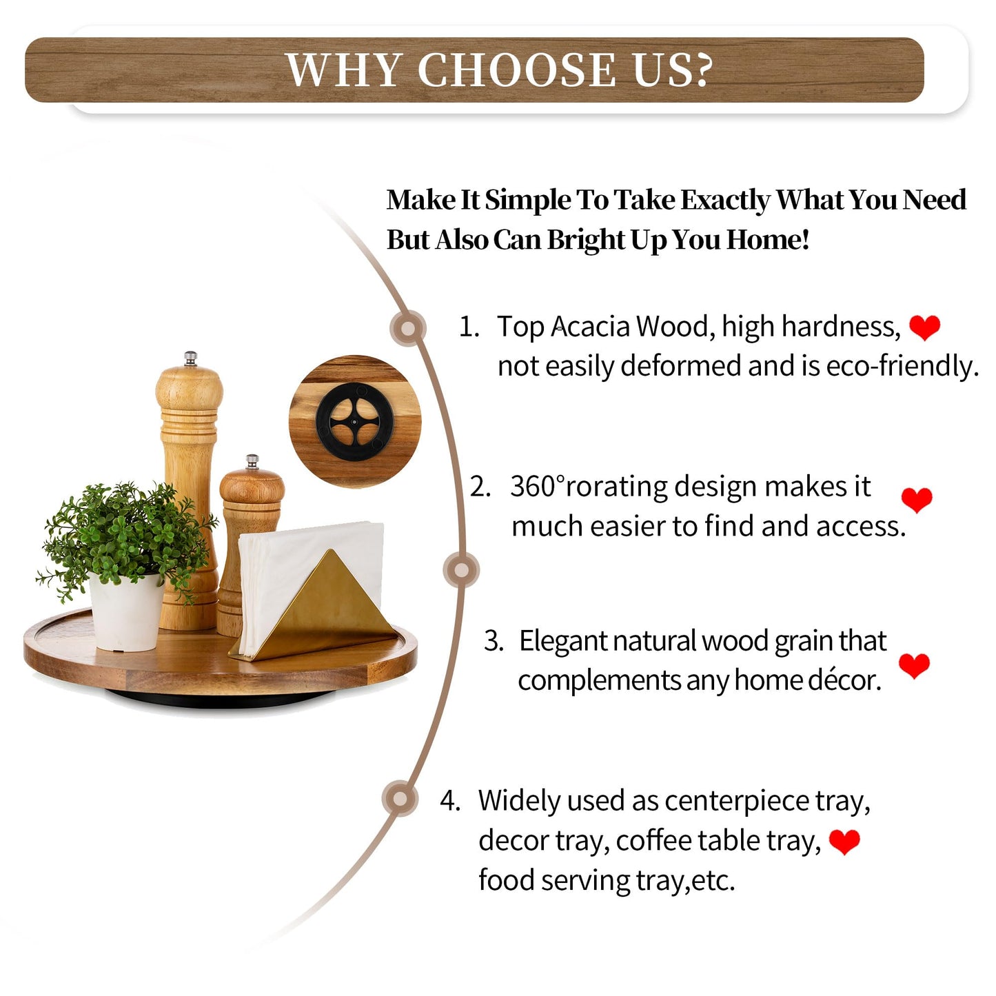 Hanobe Wood Tray Lazy Susan: Round Acacia Wooden Turntable Decorative Coffee Table Trays for Kitchen Counter Centerpiece Organizer Decor for Cabinet