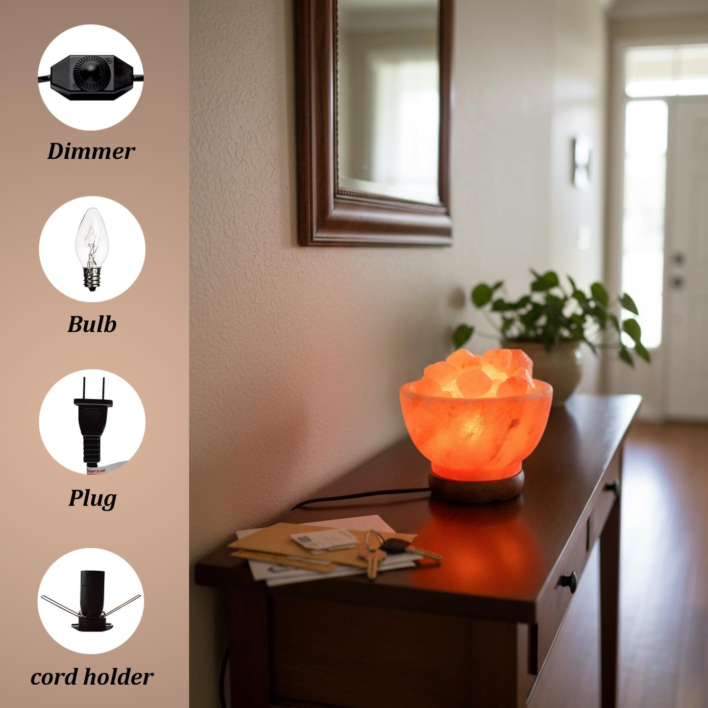 POHS Himalayan Pink Salt Lamp Bowl – Authentic from Pakistan, Natural Crystal Chunks, Dimmable Warm Glow Light, Premium Wooden Base – Relaxation, Bedroom Decor & Gift