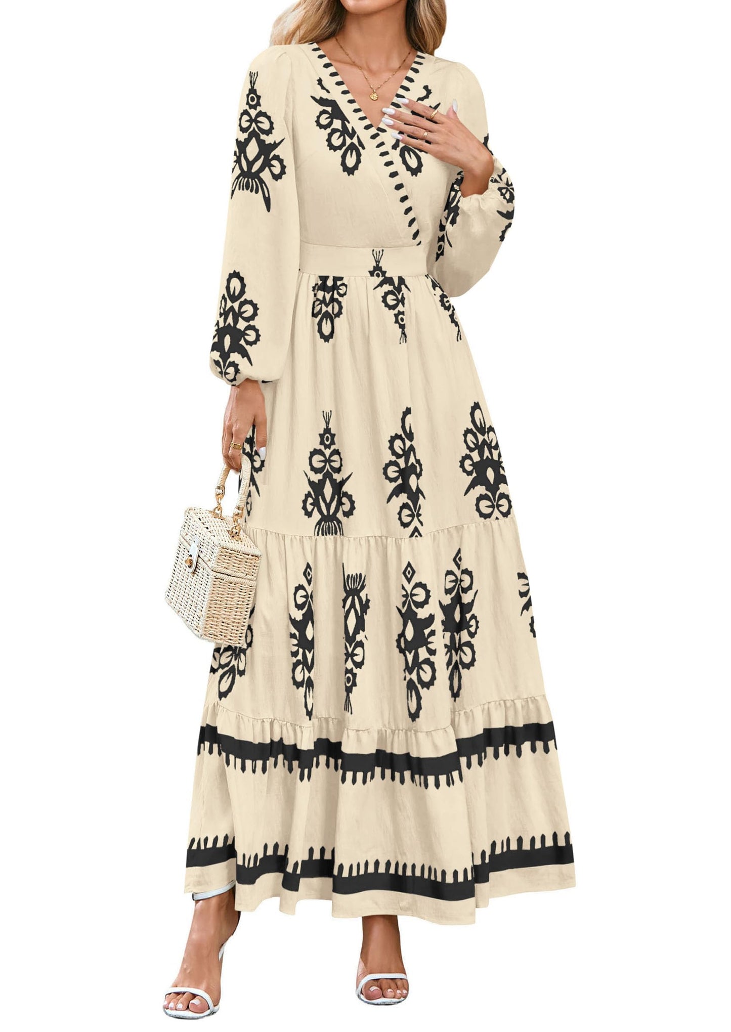 PRETTYGARDEN Women's 2025 Fall Wedding Guest Dresses Boho Floral Long Sleeve V Neck Flowy Elegant Maxi Dress Beach Clothes