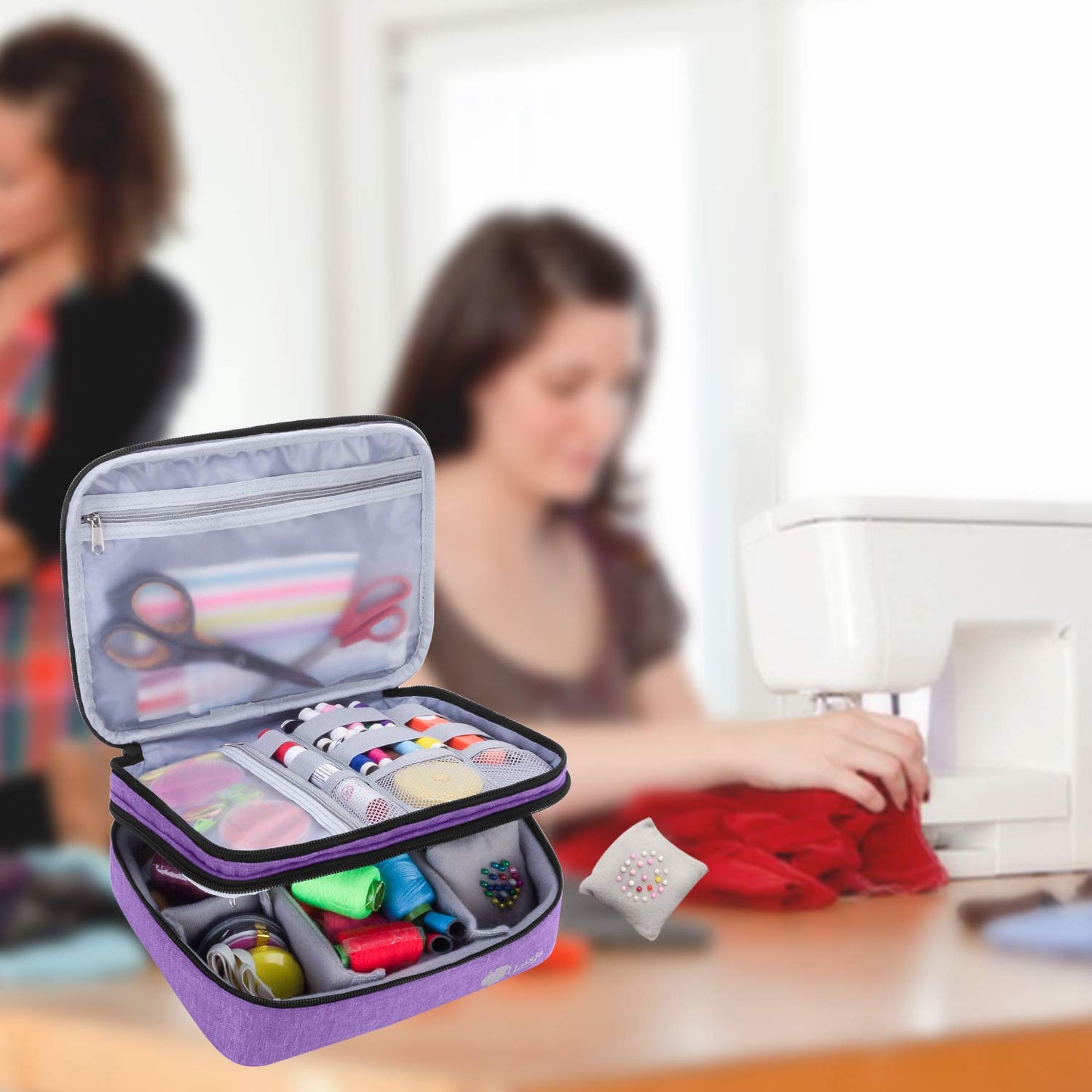 Luxja Double-Layer Sewing Supplies Organiser, Sewing Accessories Organiser for Needles, Thread, Scissors, Measuring Tape and Other Sewing Tools (Bag Only), Purple