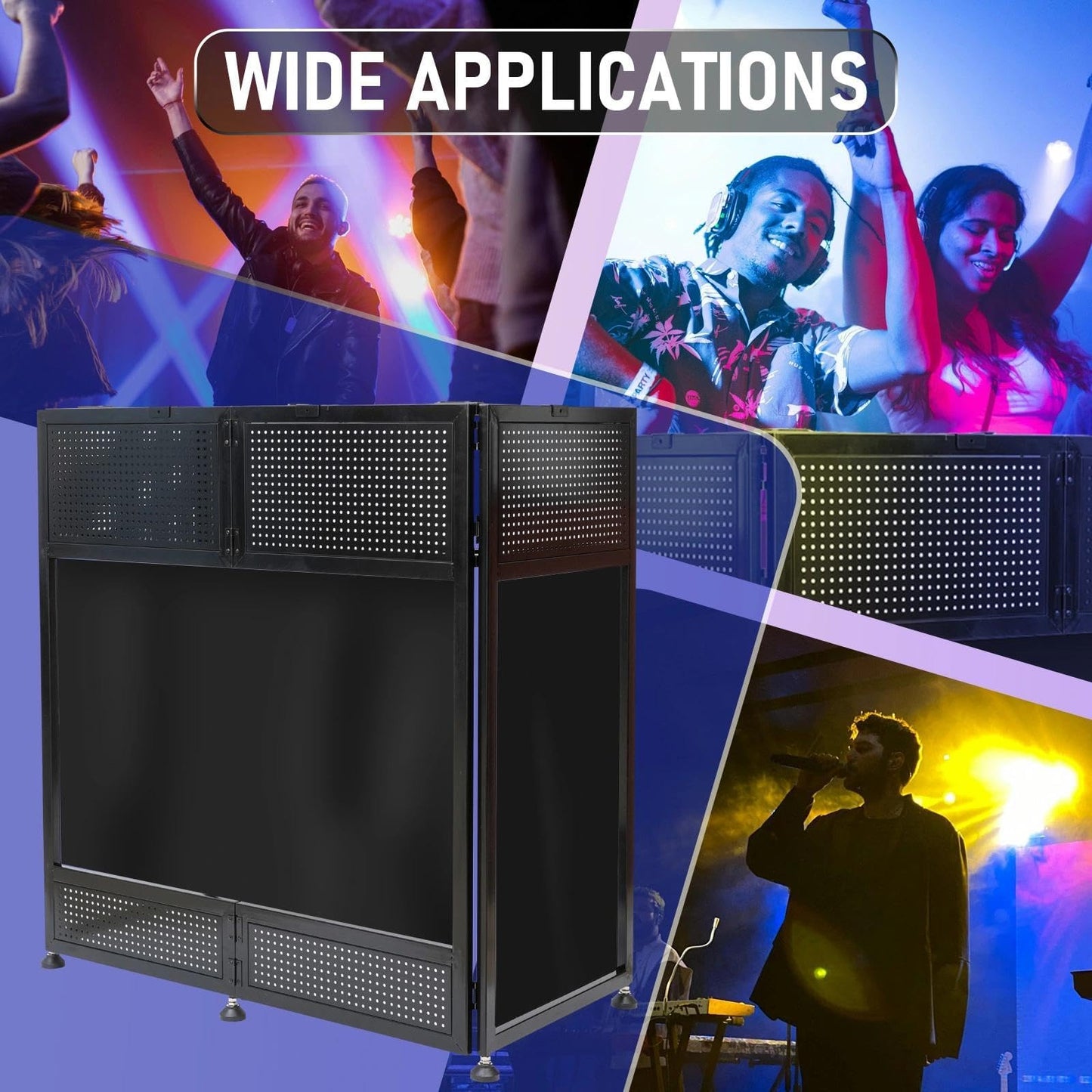 Portable DJ Booth Table, 41"L x 20"W DJ Table Stand Portable Booth Double Deck, Adjustable DJ Facade Station with White & Black Scrim, Foldable Metal Frame DJ Booth Panel for Parties, Wedding, Bars