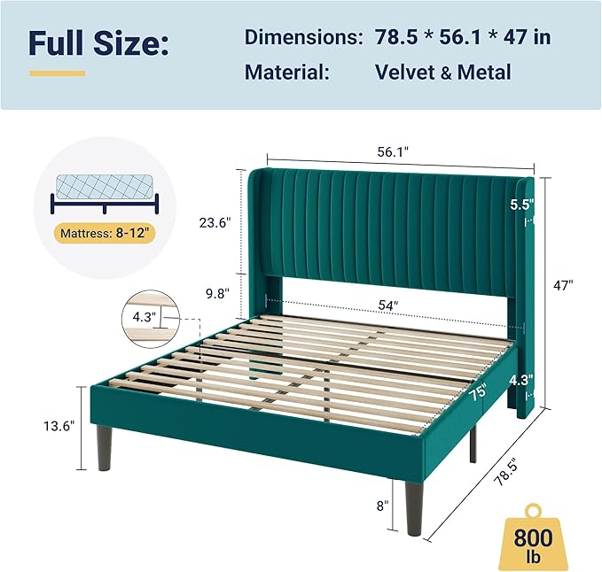 Allewie Full Size Bed Frame/Velvet Upholstered Platform Bed/Vertical Channel