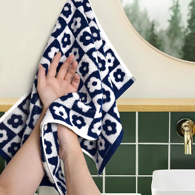 Jacquotha Cotton Hand Towels Navy Checkered Floral