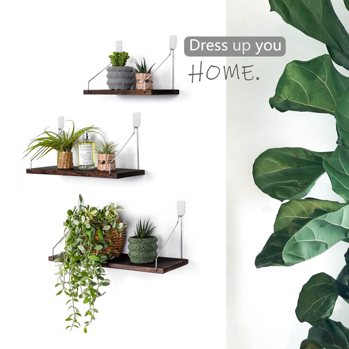 MITIME Floating Shelves Set of 3 Rustic Solid Wood Floating Shelf Wall Storage Shelves for Living Room, Bedroom, Bathroom, Kitchen Laundry, Office.no Drill Shelf.(Retro Color L+M+S)