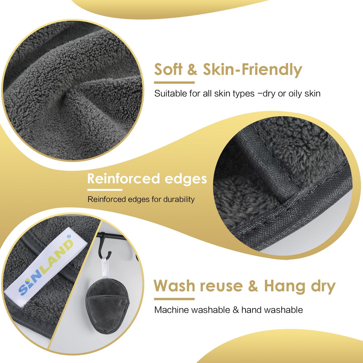 SINLAND 6 Pack Microfiber Makeup Remover Pads Reusable Makeup Eraser Washable Facial Cleansing Pads With Laundry Bag Dark Grey