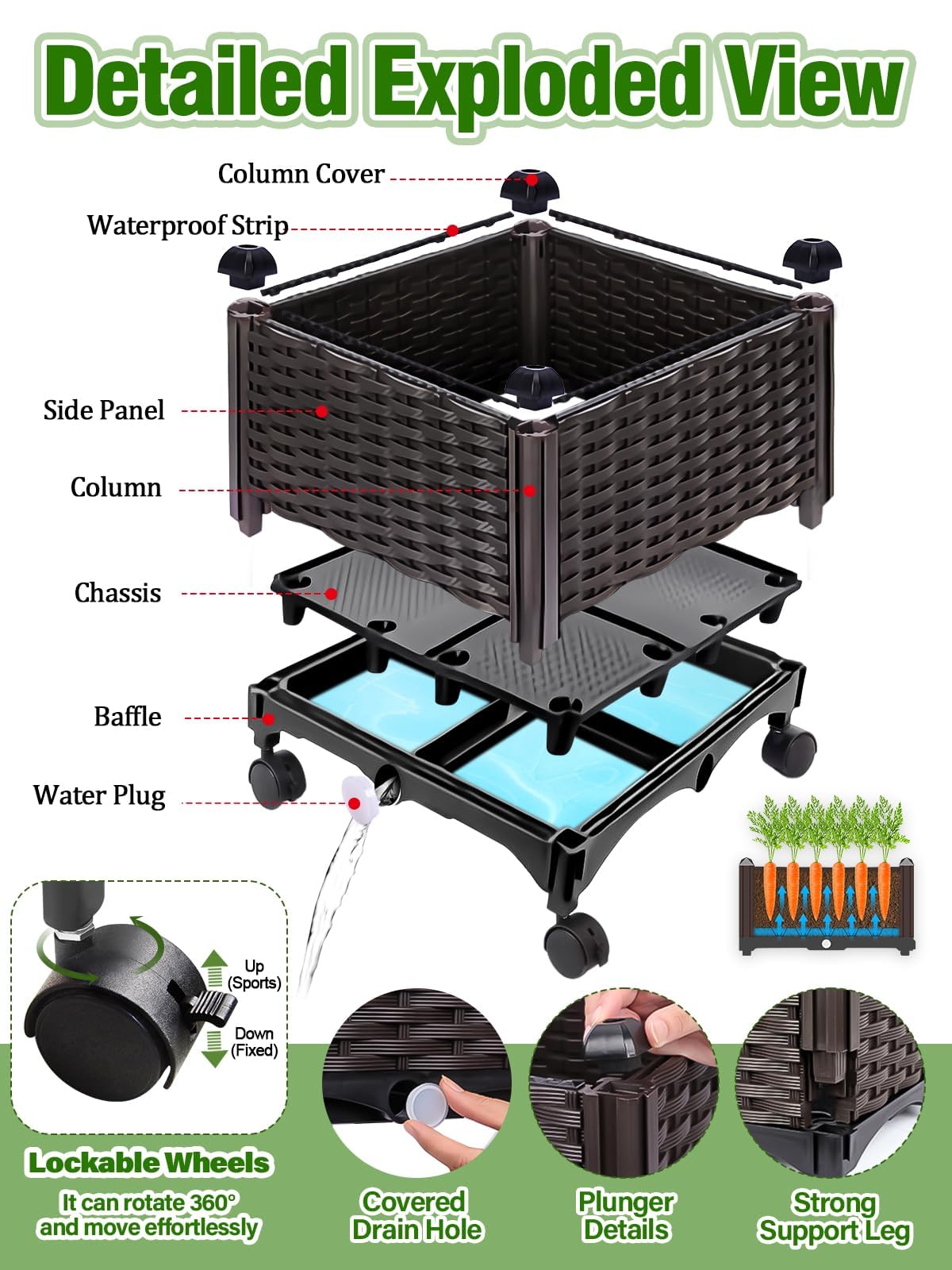 Kalolary 170CM Raised Garden Bed with Metal Trellis, Large Plastic Planter Box with Drainage Hole on Wheels Tomato Planters Climbing Trellis Outdoor Indoor for Climbing Plants Vegetable Flowers Vine