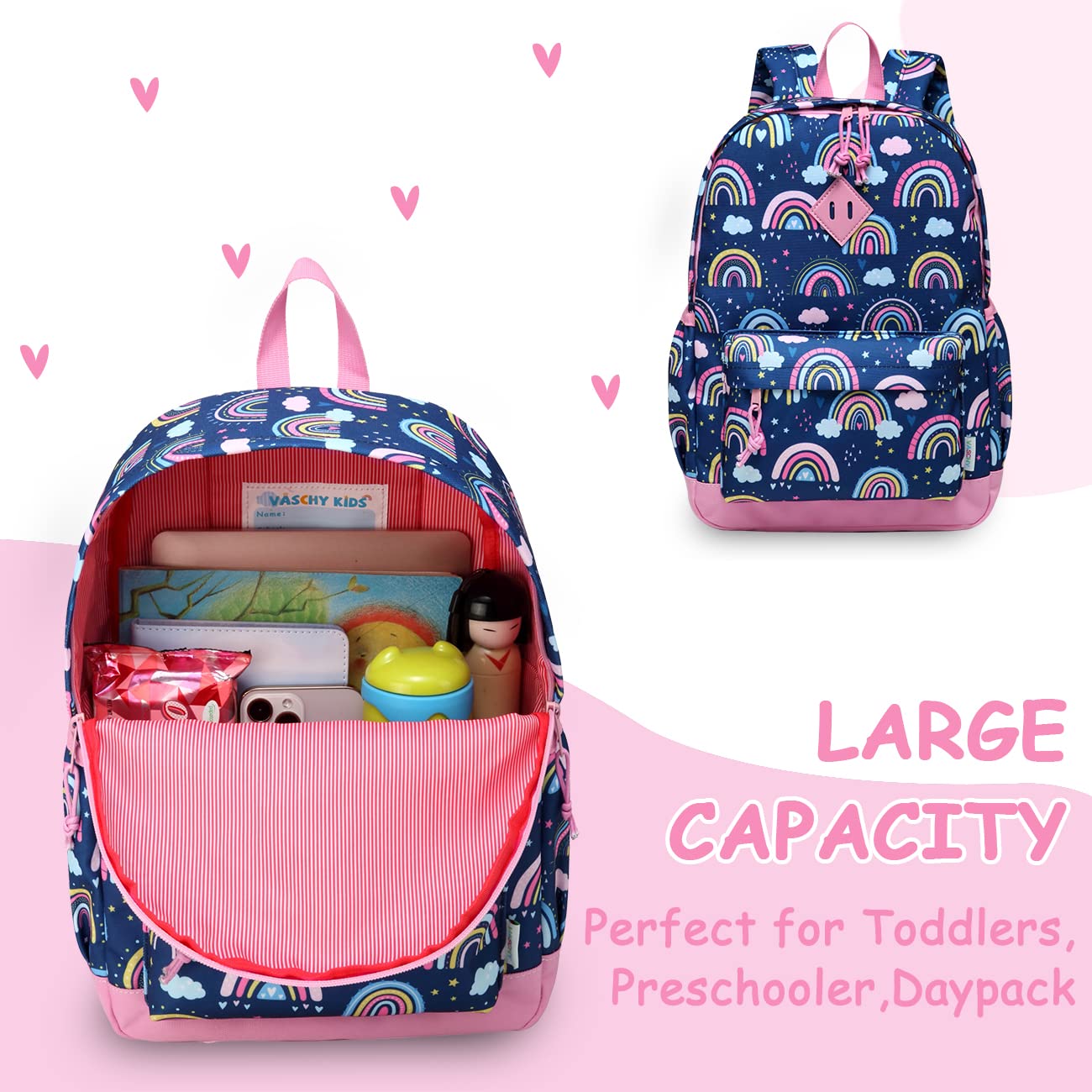 VASCHY Kids Backpack for Girls,Cute Animal Pattern School Bag Daily Children's Rucksack Backpack for School Kindergarten Nursery with Chest Strap And Bottle Pockets(Blue Rainbow)