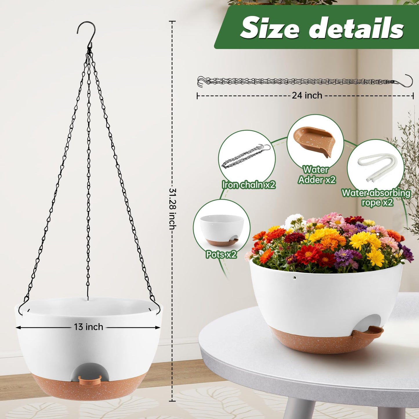 WUCEIAUU 13-inch Oversized Hanging Planter Set of Two,Planters for Indoor and Outdoor Plants.Place Plant pots Across Diverse Settings Including windowsills,Living Room,and Gardens.White-Brown