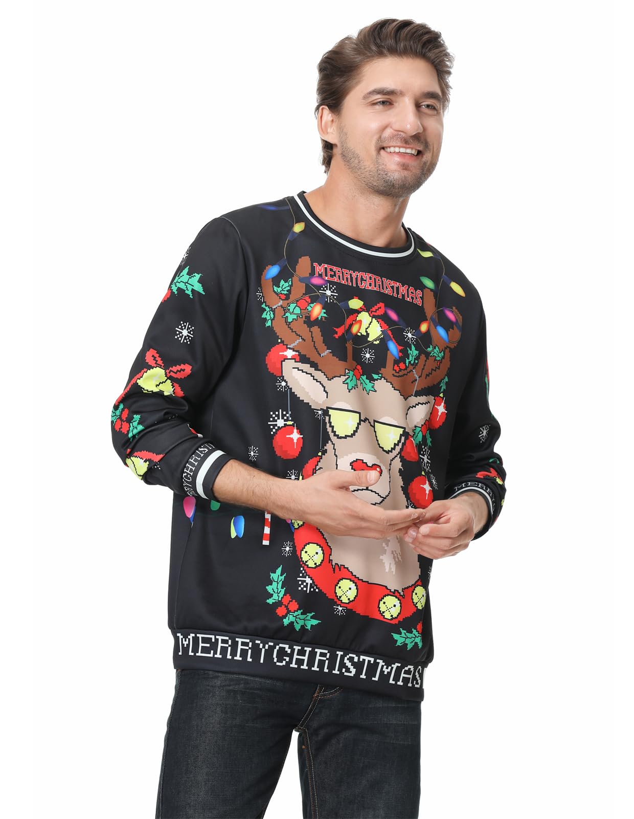 Colorful House Women Men Ugly Christmas Jumper Sweater, 3D Digital Print Sweatshirt(Reindeer,Medium)