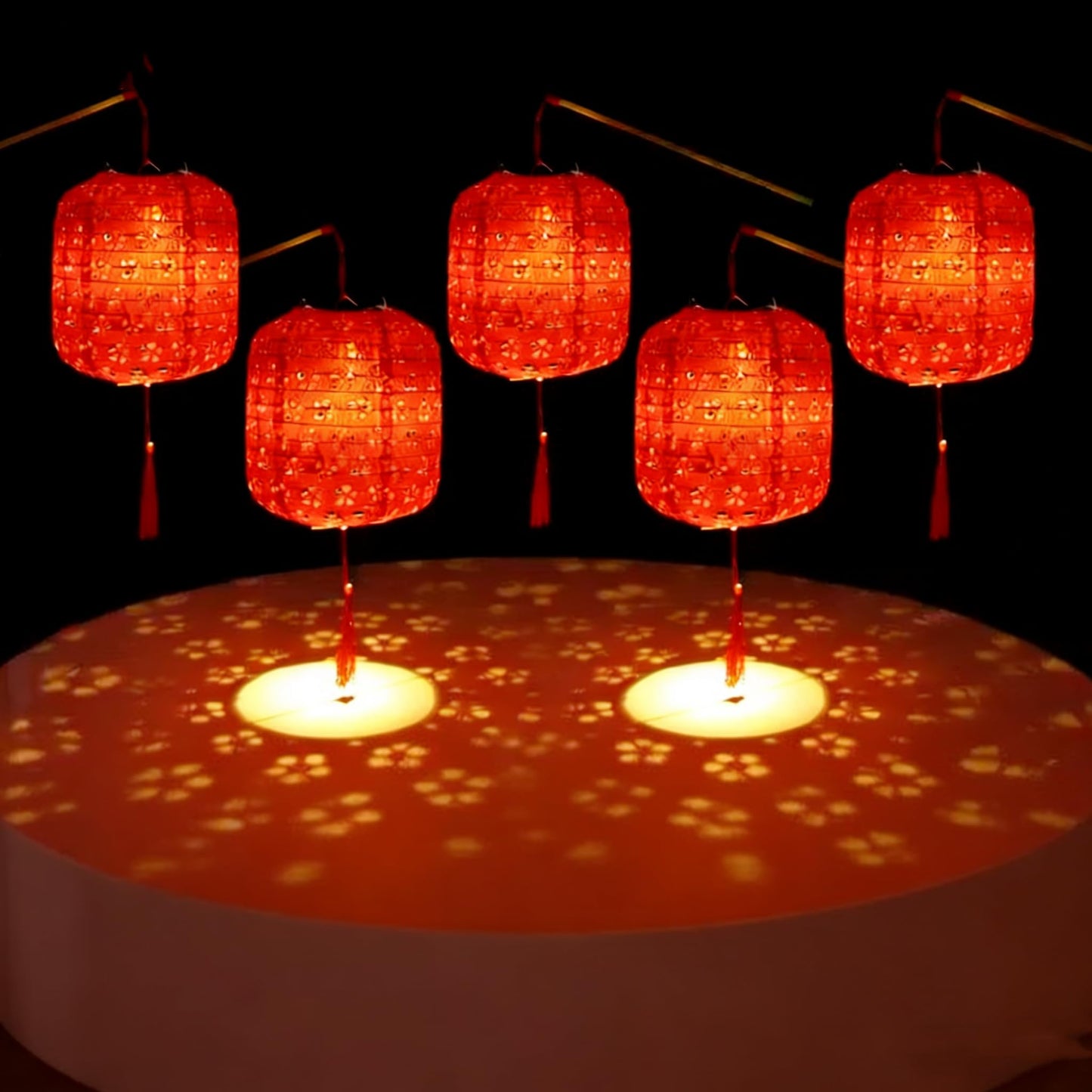 Set of 5 Paper Lanterns 6inches Chinese Japanese New Year Spring Festival Valentines Lanterns with LED Lights, Hanging Paper Lanterns for Wedding Dinner Birthday Party Decor (red)