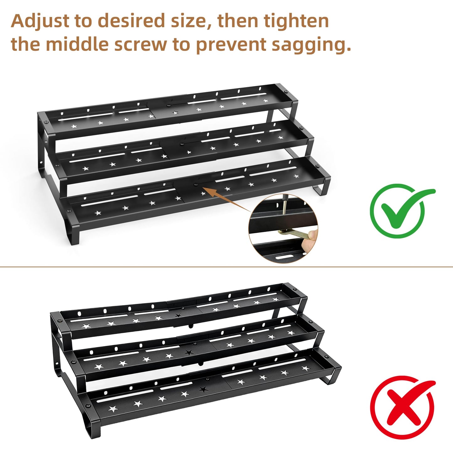 SANKEU Expandable Spice Rack Organizer for Cabinet 3 Tiered Metal Seasoning Organization with Guardrails Spice Shelf Storage for Jars Adjustable Length 13"-21" Black 1Pack