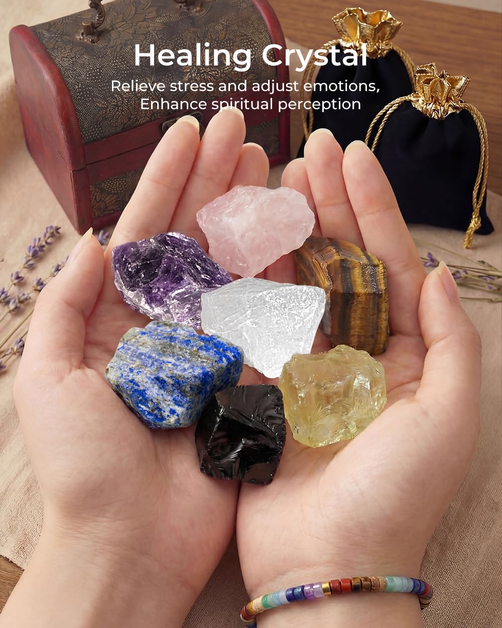 Chakra Healing Crystals Set - Crystals and Healing Stones, Chakra Bracelets, Amethyst Crystal Wand and Ball, 7 Chakra Stones Set, Energy Balance and Protection, Relief Anxiety Stress Gifts for Women
