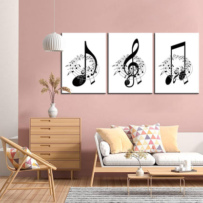3Pcs Framed Music Notes Wall Art Black and White Music Art Pictures Prints Music Canvas Decor Musical Notes wall decor Stylish Music Room Classroom Posters(12x16in x3 Pcs Framed)