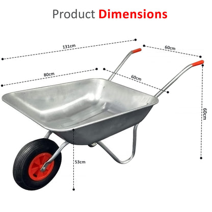 Crystals 65L/100KG Wheelbarrow Heavy Duty Galvanised - Home Garden Cart with Pneumatic Tyre - (80L x 60W x 60H) cm Silver