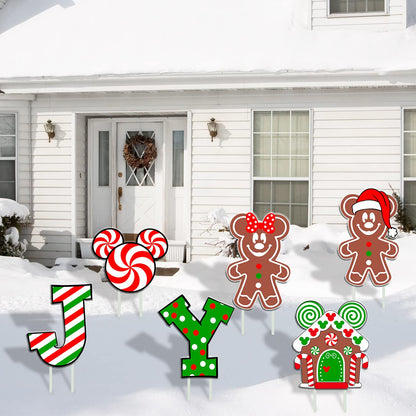 6Pcs Candy Outdoor Mouse Gingerbread Yard Signs - Candy Cane Peppermint Decorations - Waterproof Lawn Signs for Pathway Walkway Decor