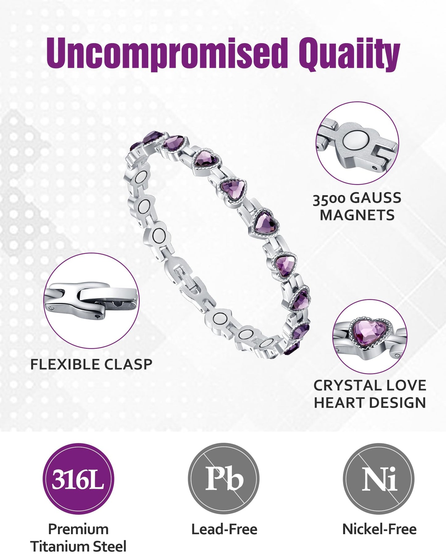 Jecanori Magnetic Bracelet for Women - Titanium Steel Wristband with Sparkling Heart-shaped Cubic Zirconia, Women's Bracelet with Removal Tool & Gift Box, Purple