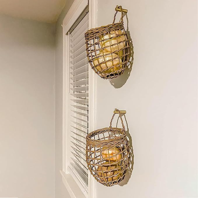 Elsjoy Set of 2 Hanging Onion Basket, Wall Mount Small Wicker Baskets