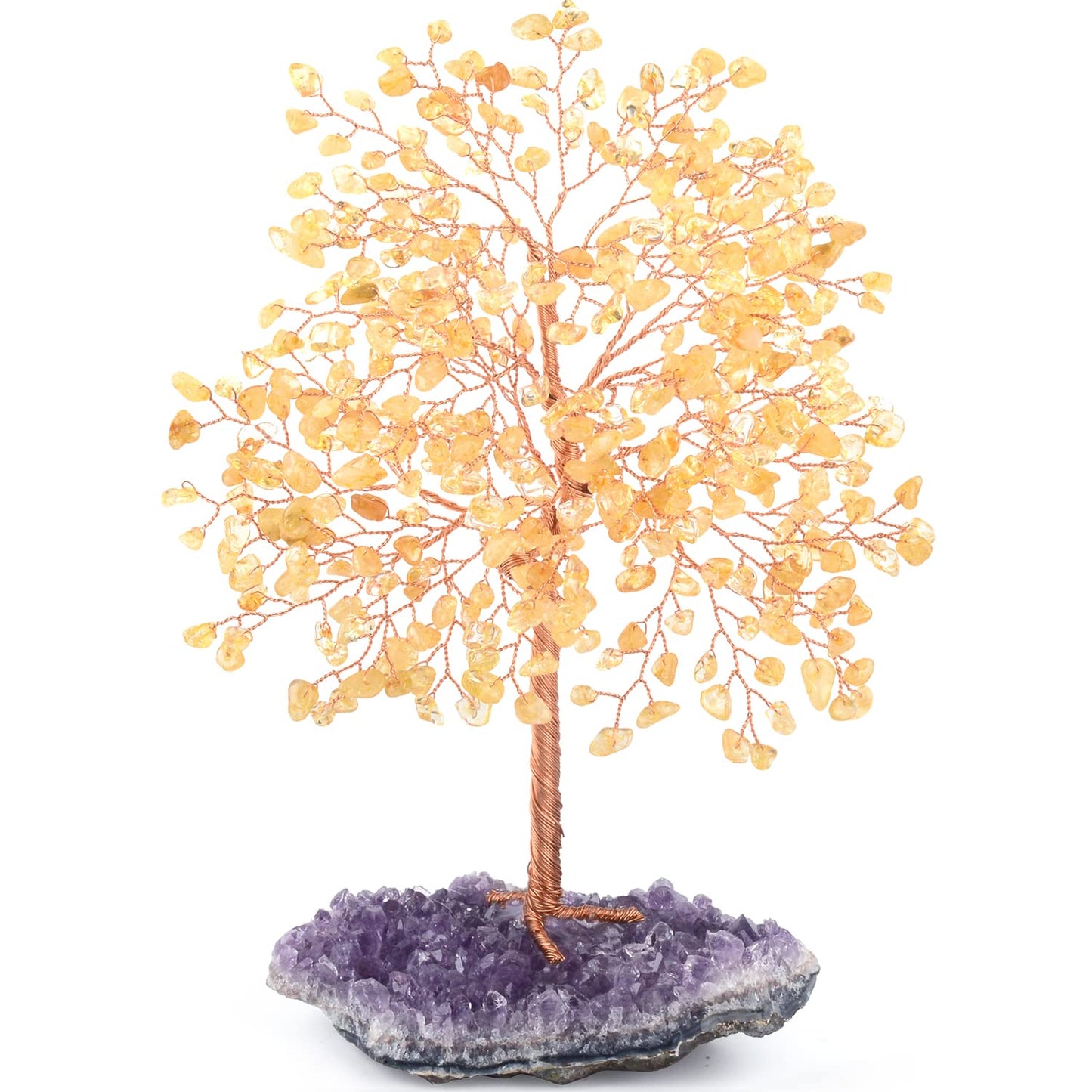 MASGEMES Gemstone Crystal Tree of Life,Natural Citrine(406 Stones Count) with Amethyst Cluster Base,Chakra Healing Crystals Positive Energy Fengshui Bonsai Money Tree Gift 8.5"-9"