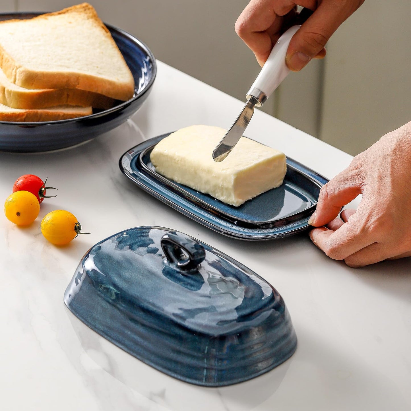 Hasense Butter Dish with Lid and Ceramic Spoon Rest Set for Countertop, 2 Pieces Navy Reactive Glaze Dinnerware Accessories Set Perfect for Home Decor, Kitchen Housewarming Gift, 8.7 Inch