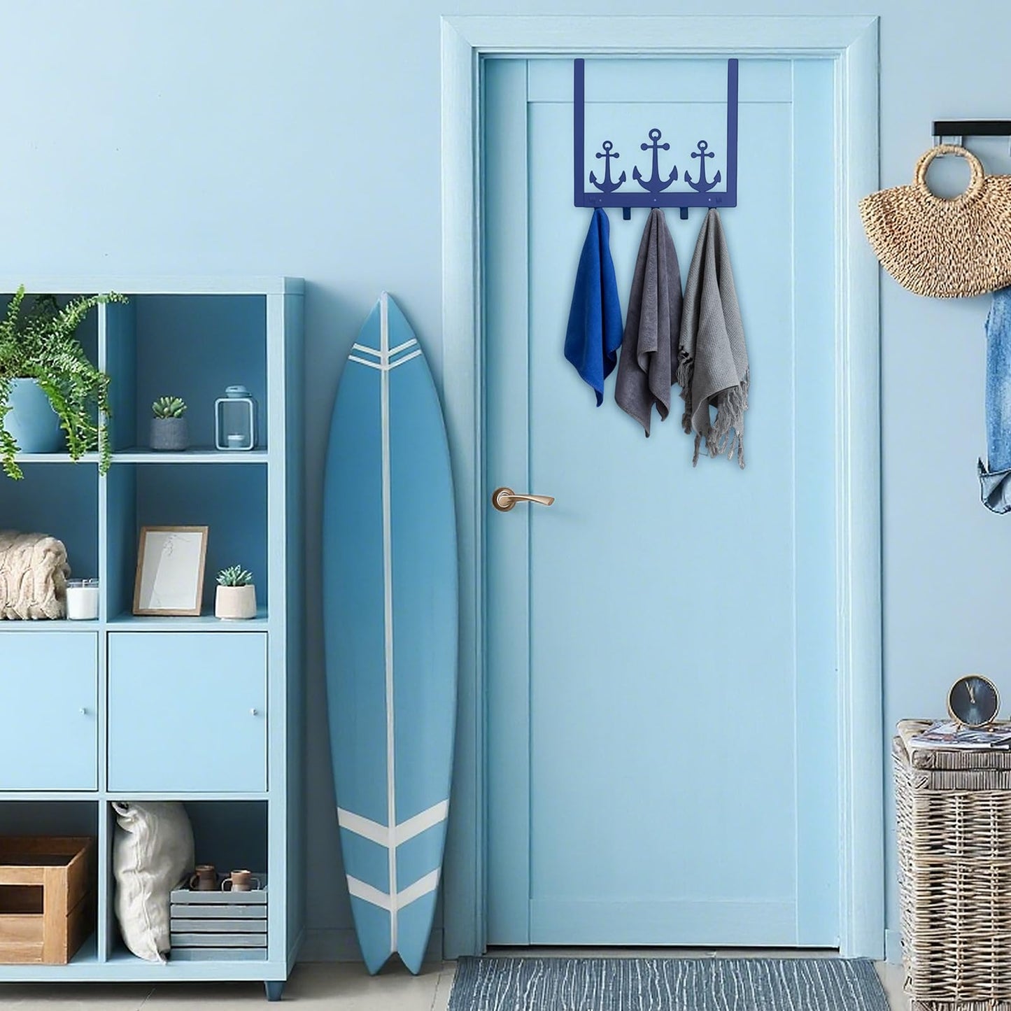 Reallnaive Anchor Over The Door Hooks Christmas Nautical Coastal Navy Blue Bathroom Decor Wall Mount Hanger Rack Holder for Towel, Hat, Coat, Cloth, Keychain, Bag, Beach Lake House Decor