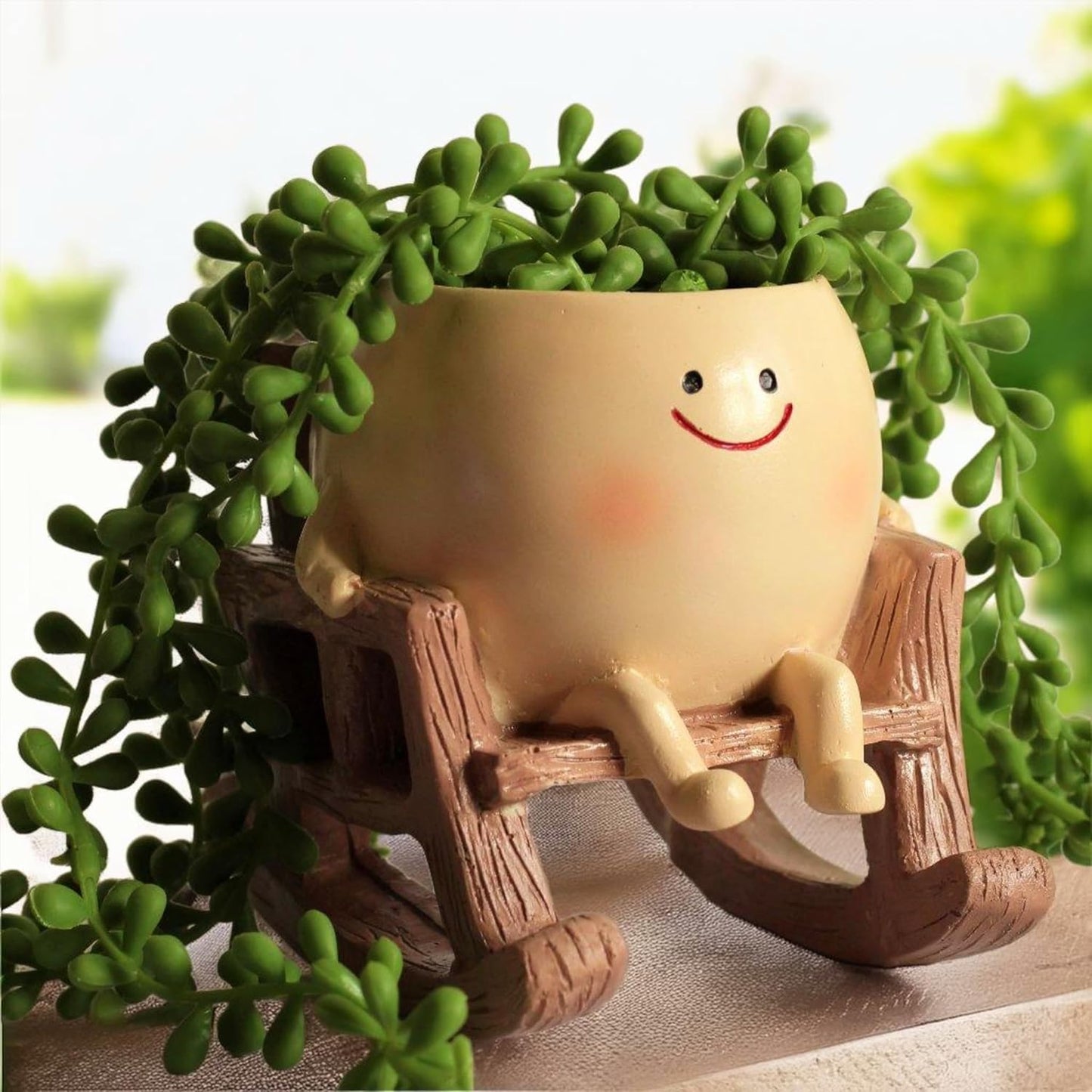 AK Cute Resin Smiling Face Planter Pot with Chair Stand, Handpainted, Brown, for Home, Garden & Living Room Decor