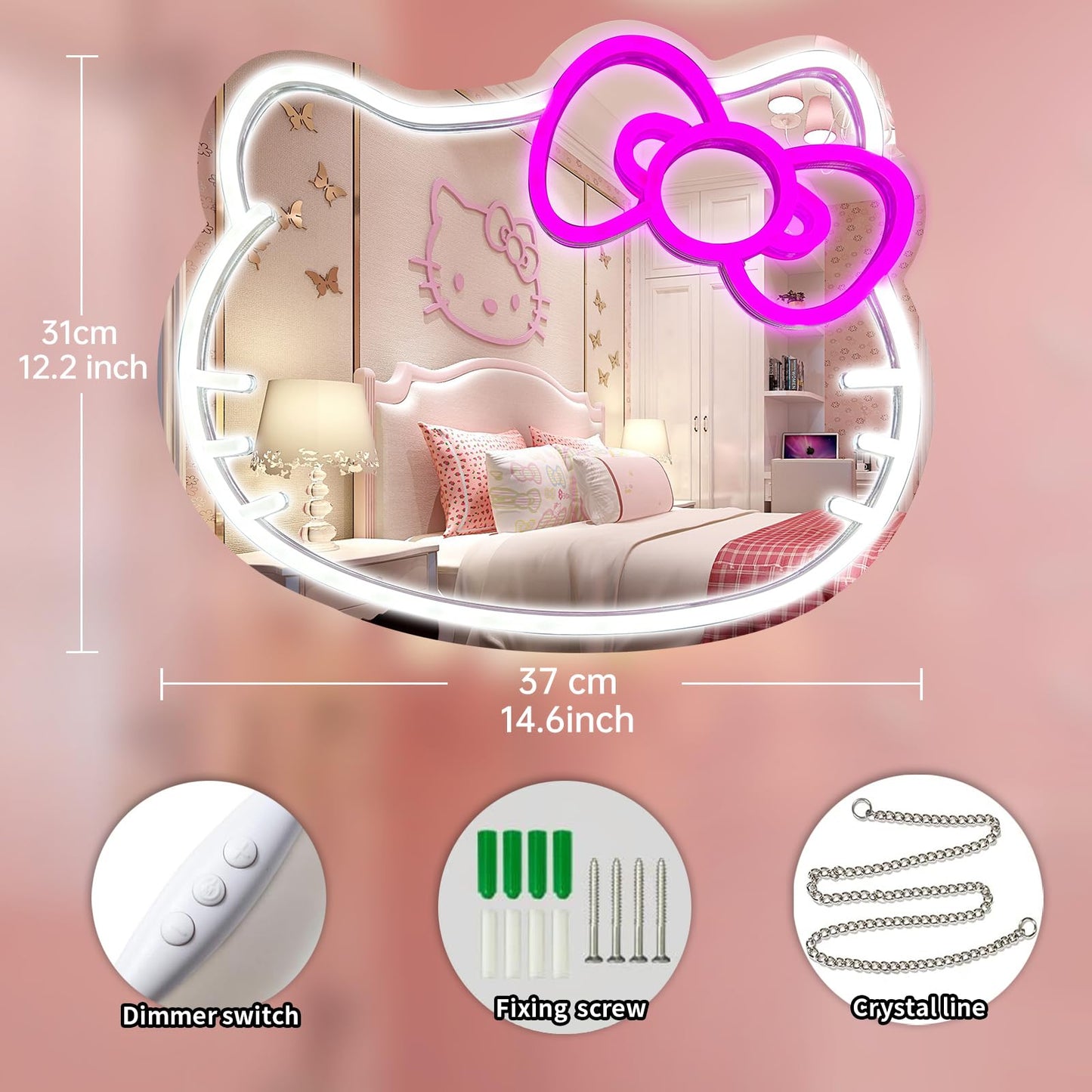 Anime Hello Kit Mirror with Light Neon Signs for Wall Decor, Dimmable for Teen Girl Gift，Makeup Mirror neon Sign Room Decor (16.1 * 14 inch)