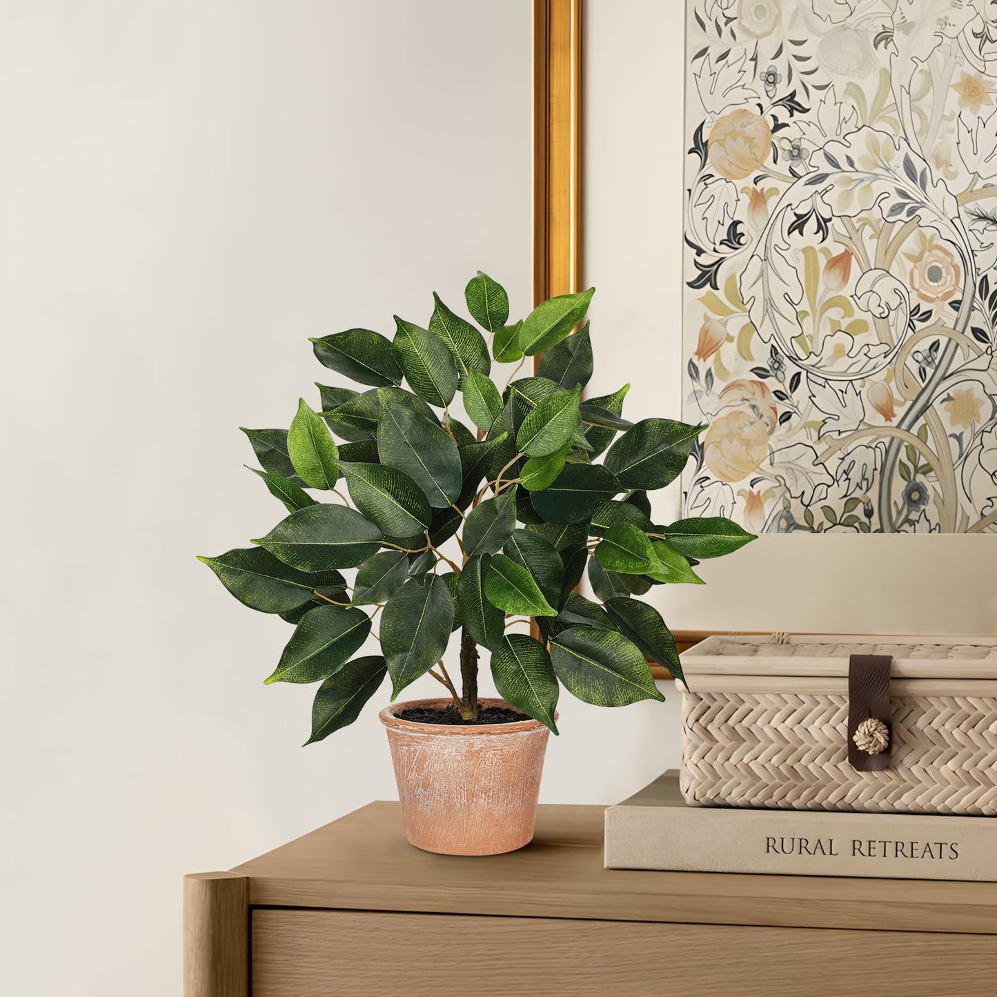 Fake Plant 13" Small Artificial Ficus Plant Faux Ficus Plants Banyan Tree with Rustic Terracotta Pot Silk Plants for Home Decor Indoor Office Living Room Bedroom Shelf Table Centerpieces