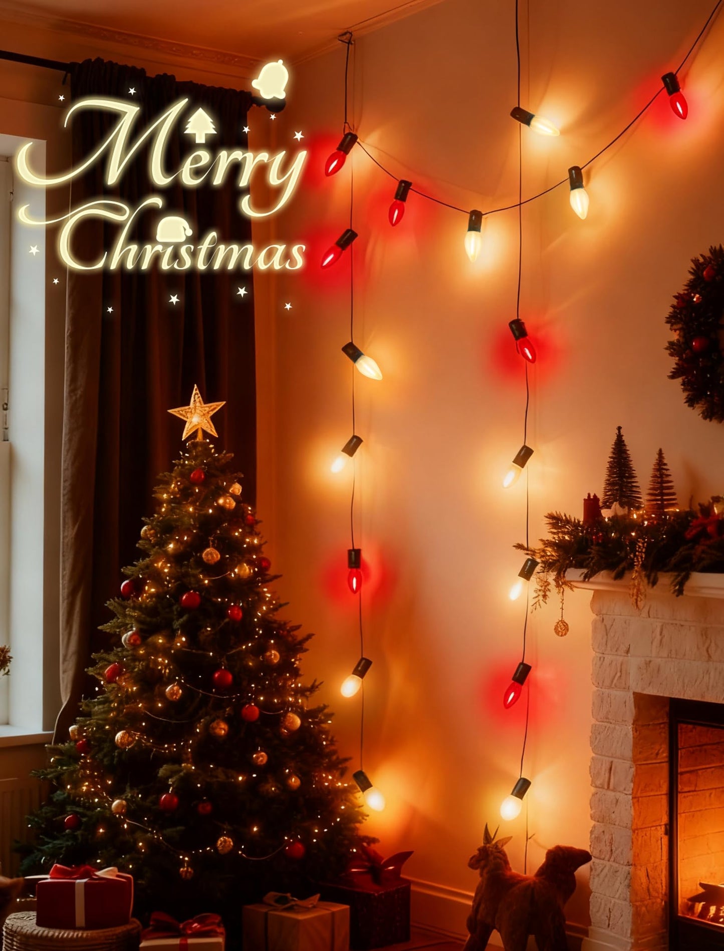 C7 Red and Frosted White Christmas Lights Outdoor, 26Ft Christmas Decorations String Lights with 27 LED Bulbs, Hanging Patio Lights Waterproof for Roofline House Garden Party Xmas Decor, Green Wire