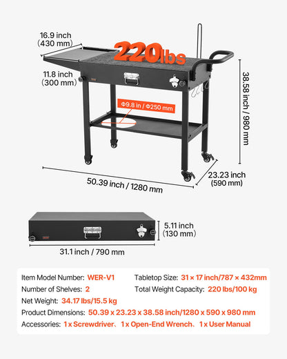 VEVOR Outdoor Grill Cart, 31.0 x 17.0 inch Tabletop Size Grilling Table, Foldable Outdoor Cooking Table with Tissue Holder, Hooks, Wheels, Side Table, BBQ Prep Tables for Picnic, Kitchen, Courtyard