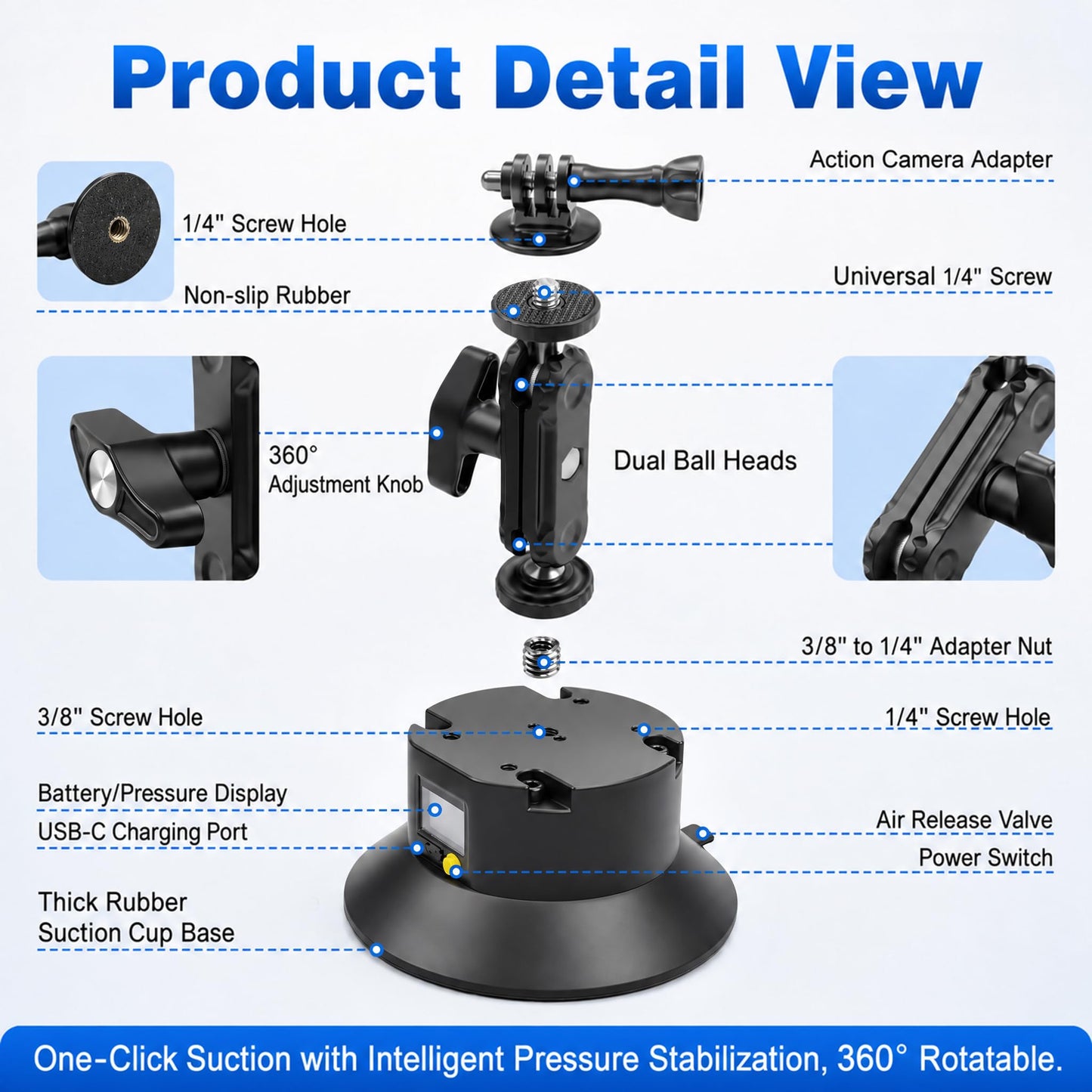 Jakenfou 6" Electric Camera Suction Cup Mount Kit with Display, 5KG Max, 1-Week Battery for Action Camera/Phone on Car/Windshield
