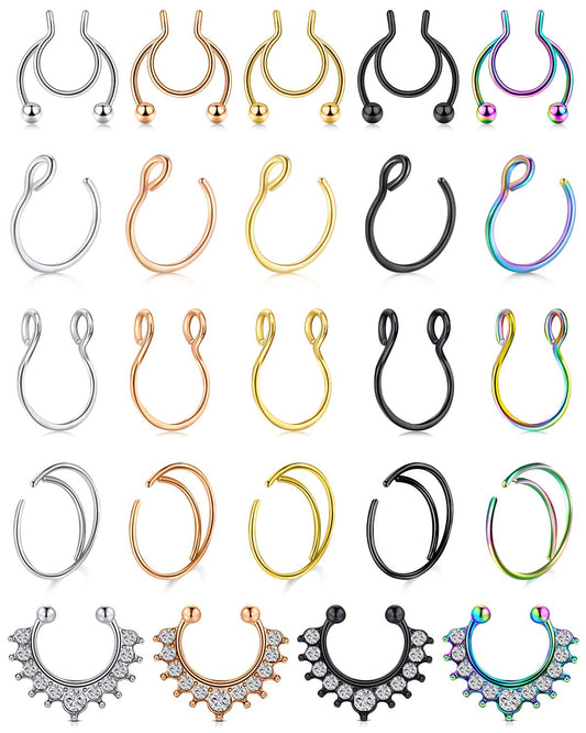 D.Bella Fake Septum Faux Nose Rings Hoop Stainless Steel Faux Lip Ear Nose Septum Ring Non Piercing Clip On Nose Hoop Rings Body Piercing Jewelry