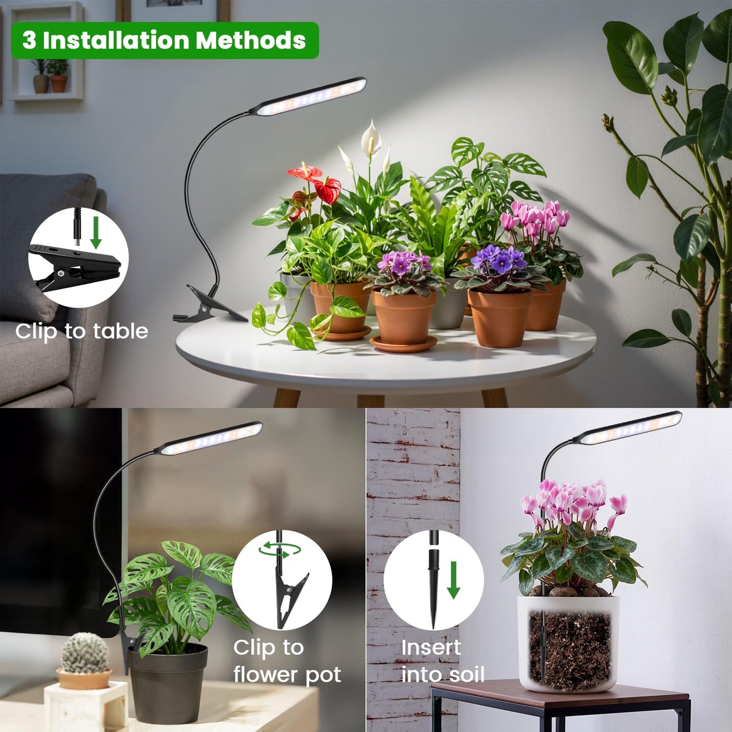 Garpsen Grow Light for Indoor Plants, 52 LEDs Full Spectrum Plant Light with Clip & Gooseneck, 3 Installation Methods, Dimmable & Timer 6/12/16Hrs, 3 Spectrums Grow Lamp for Seeding Small Plants