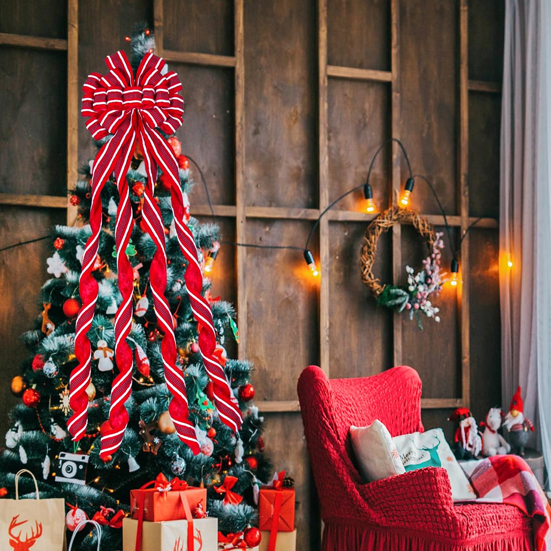 Christmas Tree Topper Bow Large Red Christmas Wreath Bow Tree Topper, Flocking Fabric with White Raw Edge Gift Bows for Xmas Ornament Holiday Home Thanksgiving Indoor/Outdoor Decor 52x13 Inches