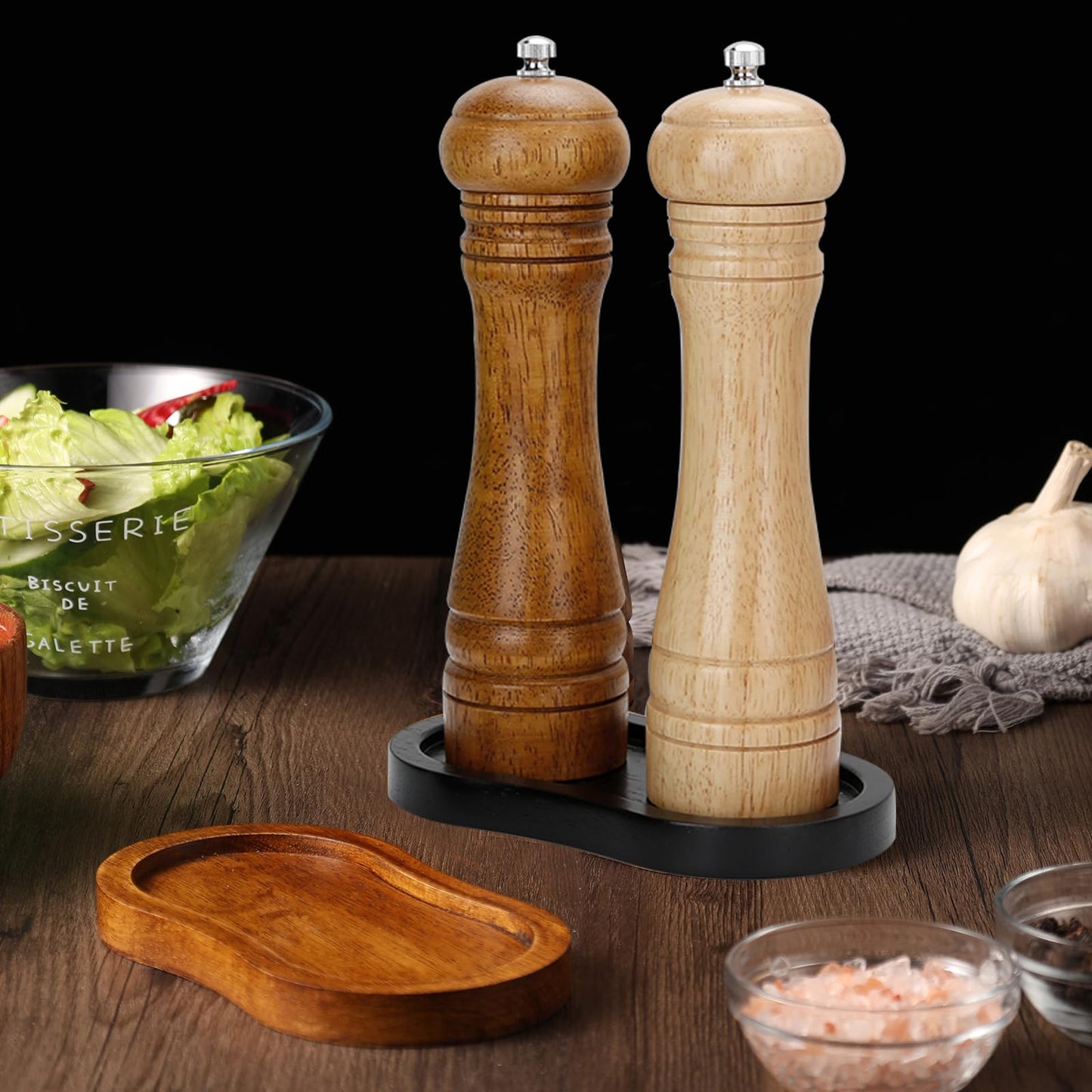 BINHAI Black Wooden Pepper Grinder Tray – Stylish Holder for Salt and Pepper Shakers – Countertop & Tabletop Protector for Kitchen & Dining (Mill Not Included)