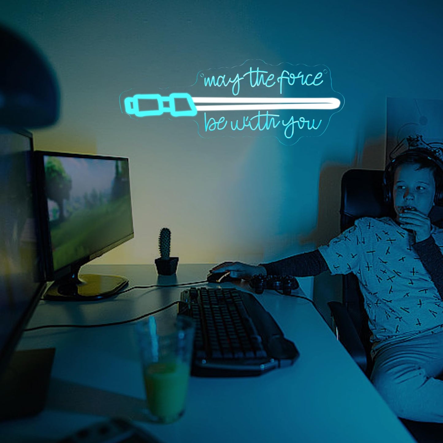 Pinlangdou Blue Lightsaber Neon Sign Blue/White Light Up Sign with Sci-Fi Sword & Inspirational Quote, USB Powered Dimmable Neon Light for Gaming Room, Bedroom, Desk, Man Cave, Gift for Boys Gamers