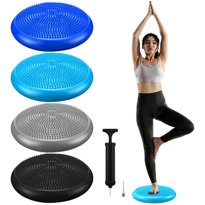 Sotiff 4 Pcs Inflated Wobble Cushion Flexible Wiggle Seat 14” L x 3.2” H Stability Balance Disc with Pump for Sensory Adult Physical Exercise Equipment(Black, Gray, Dark Blue, Light Blue)