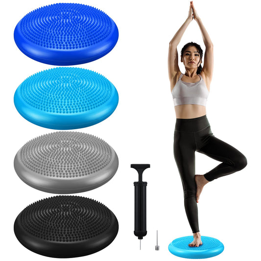 Sotiff 4 Pcs Inflated Wobble Cushion Flexible Wiggle Seat 14” L x 3.2” H Stability Balance Disc with Pump for Sensory Adult Physical Exercise Equipment(Black, Gray, Dark Blue, Light Blue)
