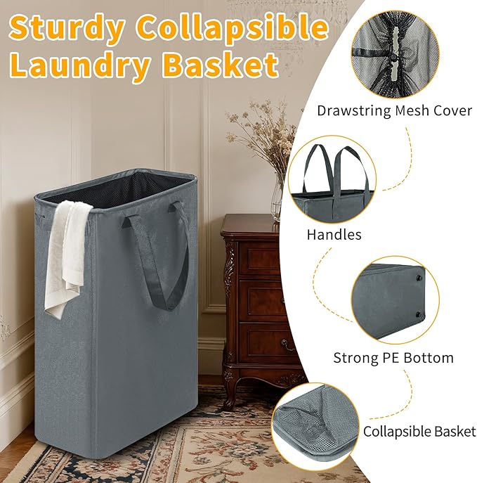 Slim Laundry Hamper, 48L Ultra Thin Collapsible Laundry Basket