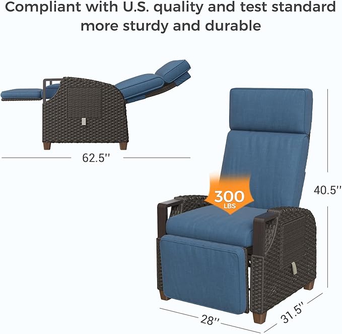 Grand patio Outdoor Recliner Air Pump 150° Lay Flat Reclining Chair with Independent Adjustable Back and Footrest Removable Olefin Cushion Flip-Up Table Wicker Peacock Blue 2PCS