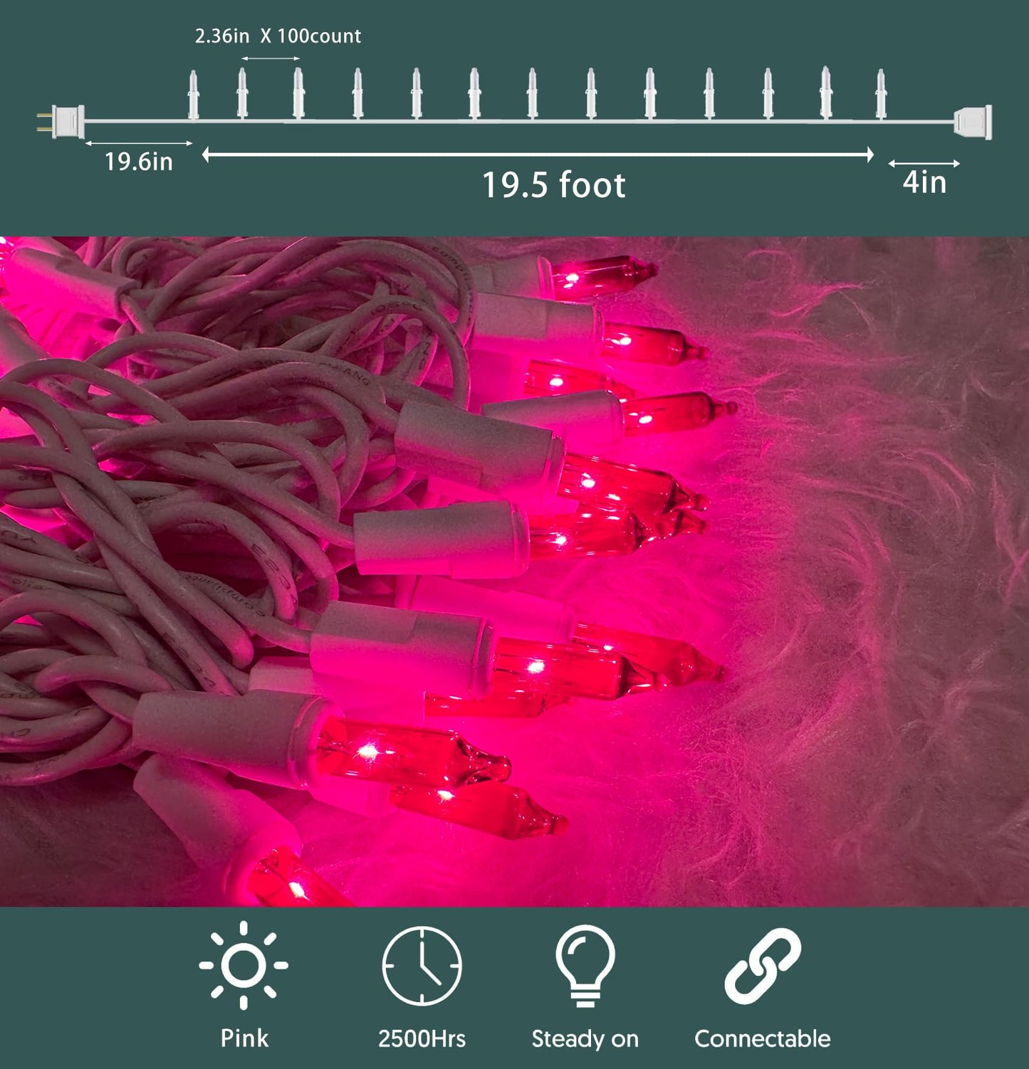 HISHINY Christmas Lights 100 Count Pink Christmas Tree String Lights with White Wire for Outdoor Indoor Christmas Decorations Wedding Decorations Valentines Day Decor,UL Certified (21feet)