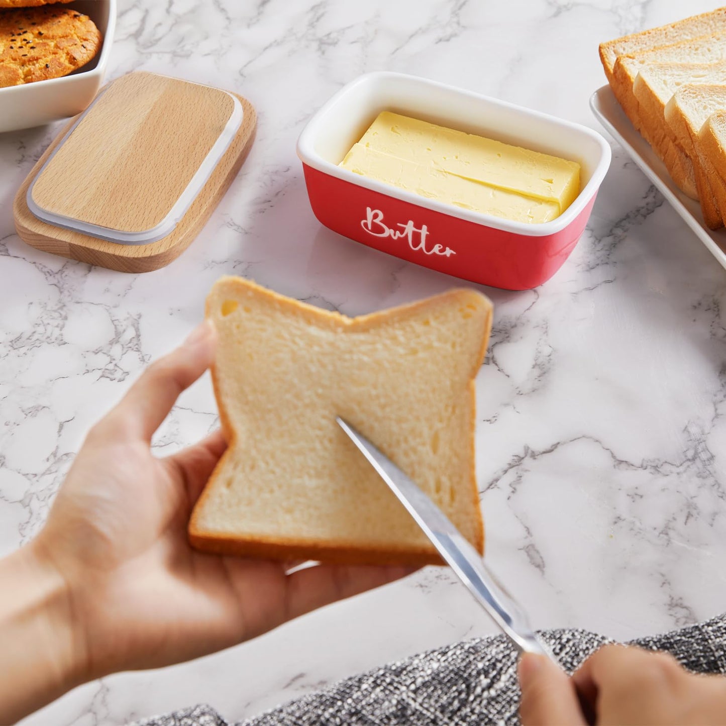 ALELION Red Butter Dish with Lid for Countertop, Ceramic Butter Container with Beech Wood Lid, Airtight Butter Keeper for Counter or Fridge, for Red Kitchen Decor and Accessories