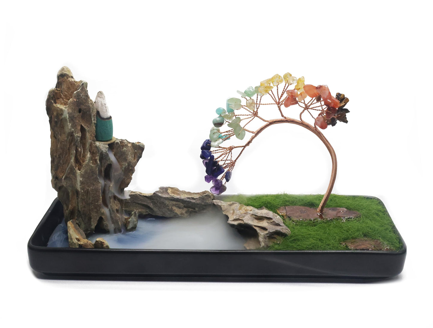 Lavoio Chakra Backflow Incense Burner – Handmade Natural Stone Waterfall Fountain with 7 Chakra Crystals – Aromatherapy Decor for Meditation, Yoga & Home Ambience (chakra tree)