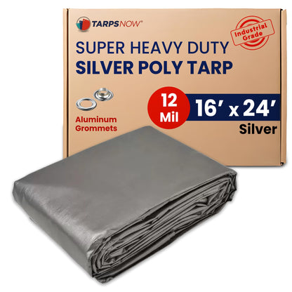 Tarps Now 16x24 ft Heavy Duty Plastic Tarp (Poly Tarp)|12 MIL Waterproof Cover|Rip & Tear-Resistant|Rustproof Grommets & Reinforced Edges|Ideal for Roof, Camping, Tent & Outdoor Protection - Silver