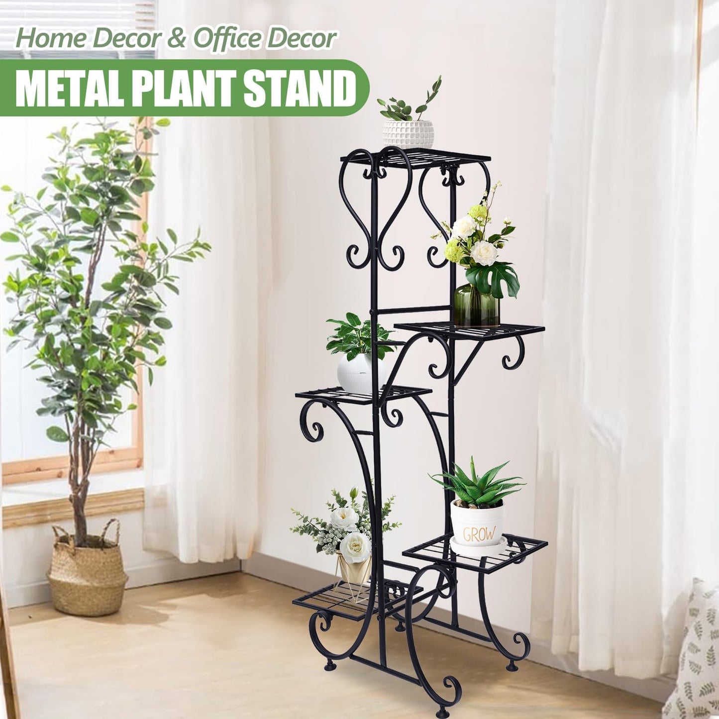 EEYBLAEEY 5 Tier Metal Plant Stand Indoor Outdoor, Upgraded Tall Iron Spiral Corner Plant Shelf- Tiered Storage Flower Pot Holder Display Organizer for Balconies, Living Rooms, Courtyards, Gardens