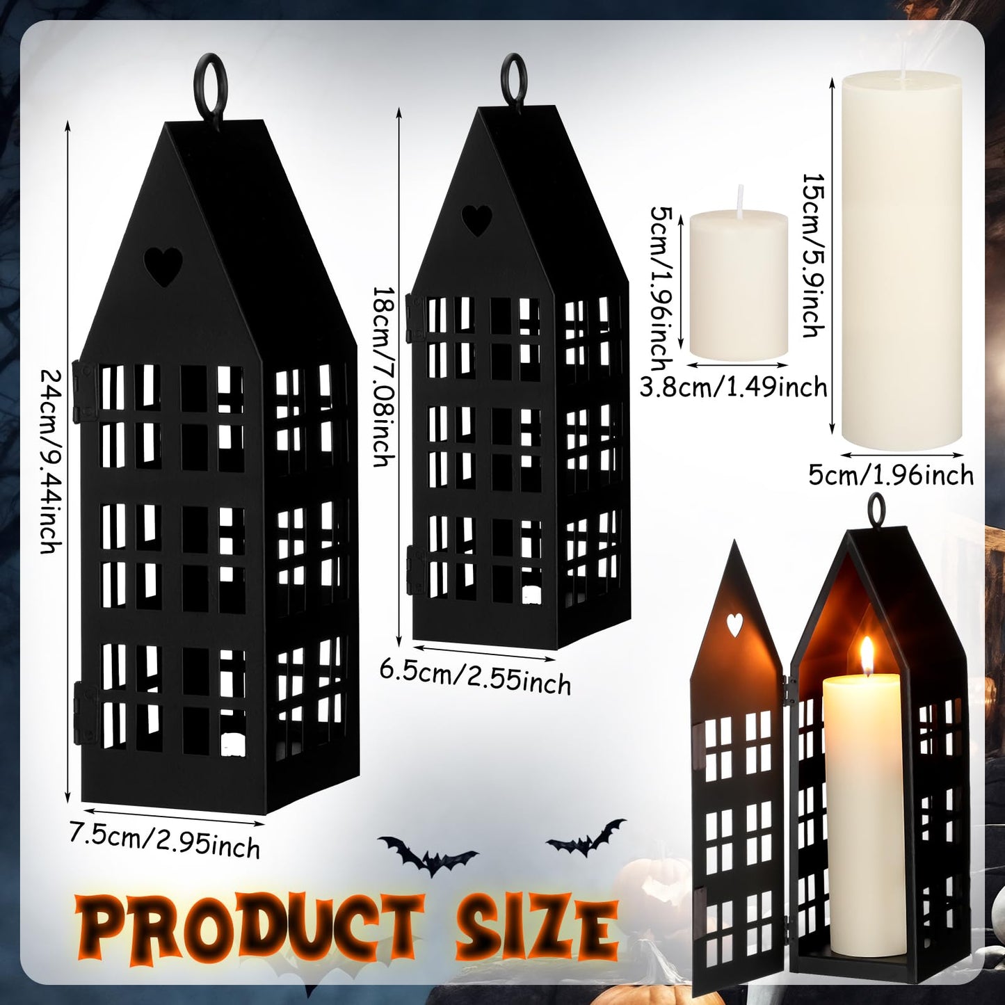 SiliFine 2 Set Christmas Black Houses Decor with 2 Pcs Candles Village Metal Modern Farmhouse Lantern Decorative for Christmas, Home, Tabletop, Fireplace Shelf Decor