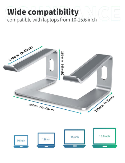 SOUNDANCE Laptop Stand, Aluminum Computer Riser, Ergonomic Laptops Elevator for Desk, Metal Holder Compatible with 10 to 15.6 Inches Notebook Computer, Silver